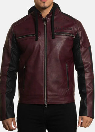 Men's Maroon Hooded Leather Biker Jacket