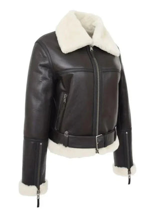 Womens Sheepskin B3 Belted Black Leather Shearling Jacket Aviator