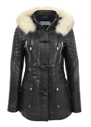 Women’s Sheepskin Black Leather Duffle Coat with Removable Sherpa Hood