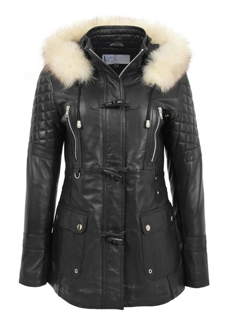 Women’s Sheepskin Black Leather Duffle Coat with Removable Sherpa Hood