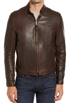 Men's Real Chocolate Brown Cafe Racer Leather Jacket