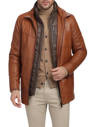 Men's Genuine Brown Lamb Leather Coat with Removable Quilted Vest