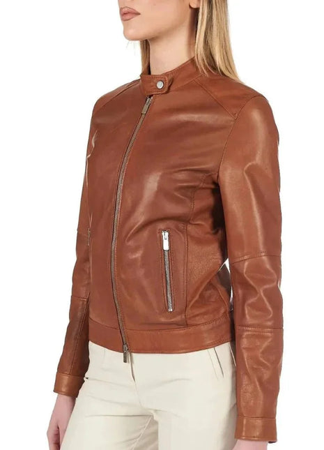 Women's Dark Brown Leather Cafe Racer Jacket
