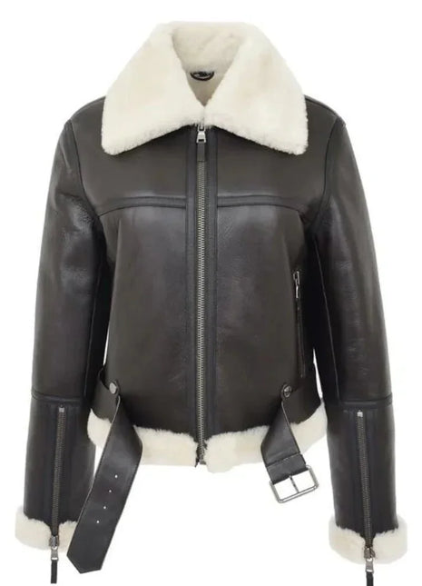 Womens Sheepskin B3 Belted Black Leather Shearling Jacket Aviator