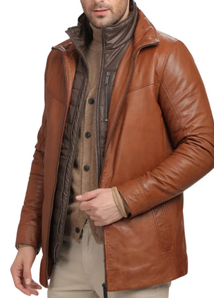 Men's Genuine Brown Lamb Leather Coat with Removable Quilted Vest