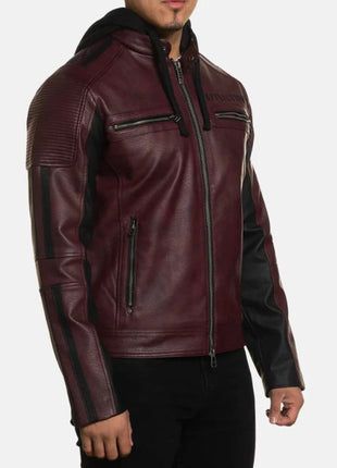 Men's Maroon Hooded Leather Biker Jacket