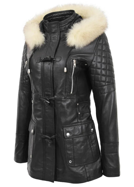 Women’s Sheepskin Black Leather Duffle Coat with Removable Sherpa Hood