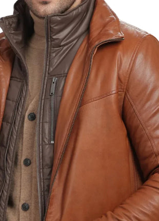 Men's Genuine Brown Lamb Leather Coat with Removable Quilted Vest