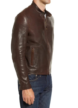 Men's Real Chocolate Brown Cafe Racer Leather Jacket