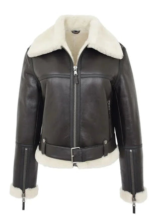 Womens Sheepskin B3 Belted Black Leather Shearling Jacket Aviator