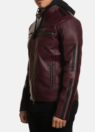 Men's Maroon Hooded Leather Biker Jacket