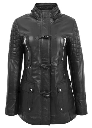 Women’s Sheepskin Black Leather Duffle Coat with Removable Sherpa Hood