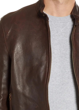 Men's Real Chocolate Brown Cafe Racer Leather Jacket
