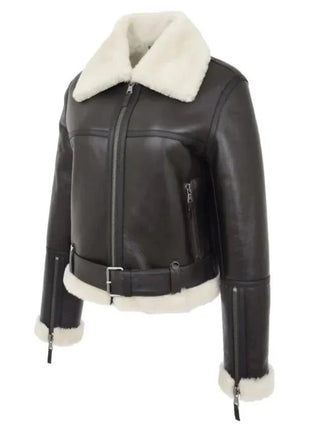 Womens Sheepskin B3 Belted Black Leather Shearling Jacket Aviator