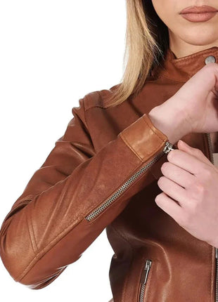 Women's Dark Brown Leather Cafe Racer Jacket