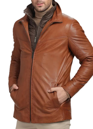 Men's Genuine Brown Lamb Leather Coat with Removable Quilted Vest