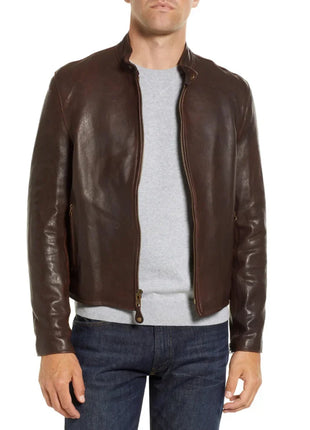 Men's Real Chocolate Brown Cafe Racer Leather Jacket