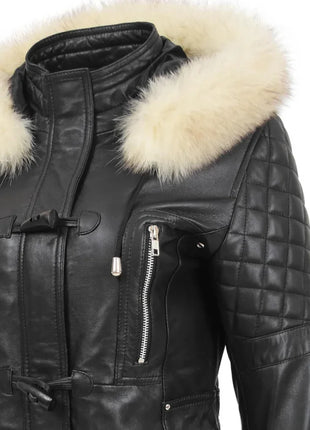 Women’s Sheepskin Black Leather Duffle Coat with Removable Sherpa Hood