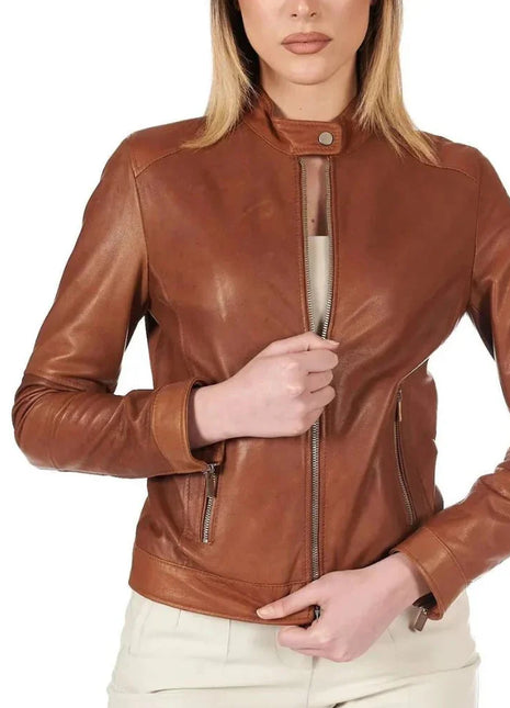 Women's Dark Brown Leather Cafe Racer Jacket