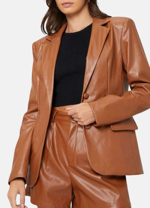 Womens Cognac Brown Leather Oversized Blazer