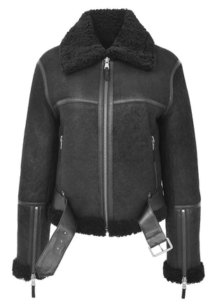 Women's Sheepskin Belted Black Leather Aviator Jacket
