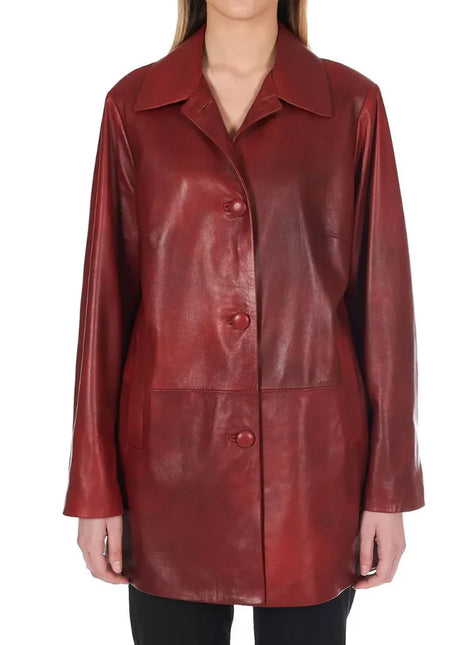 Women’s Leather Button-Up Burgundy Real Leather Coat