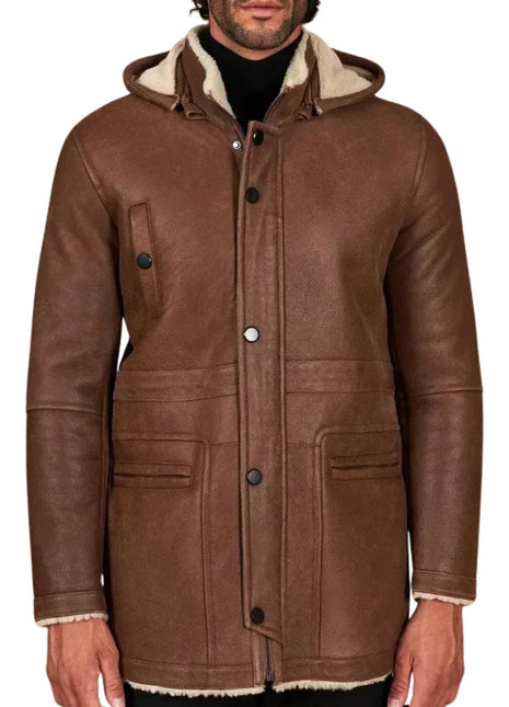 Men’s Tan Shearling Lambskin Leather Coat with Detachable Parka Hood