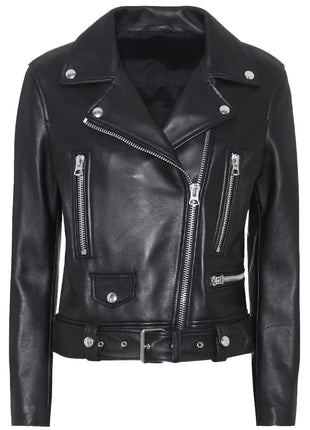 Slim Fit Belted Black Motorcycle Jacket For Women