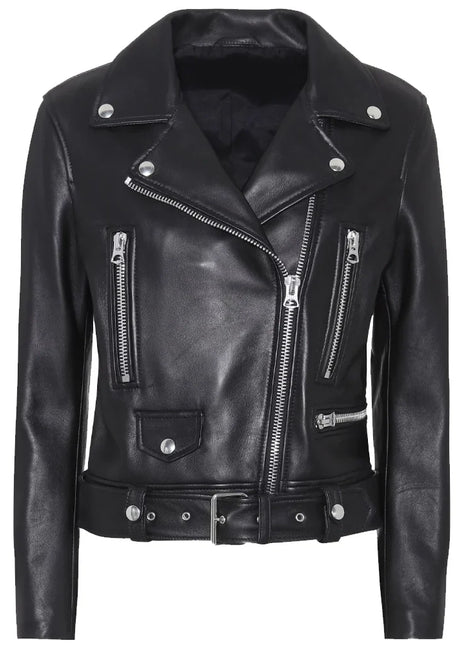 Slim Fit Belted Black Motorcycle Jacket For Women
