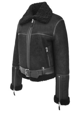 Women's Sheepskin Belted Black Leather Aviator Jacket