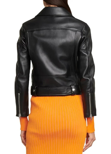 Slim Fit Belted Black Motorcycle Jacket For Women