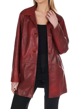 Women’s Leather Button-Up Burgundy Real Leather Coat