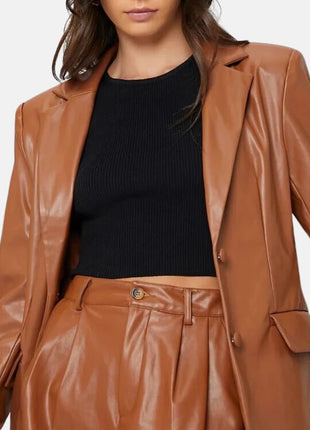 Womens Cognac Brown Leather Oversized Blazer
