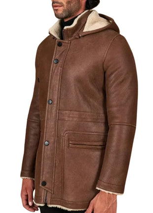 Men’s Tan Shearling Lambskin Leather Coat with Detachable Parka Hood