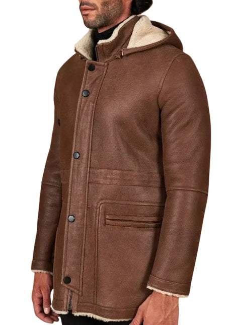 Men’s Tan Shearling Lambskin Leather Coat with Detachable Parka Hood