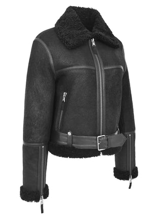 Women's Sheepskin Belted Black Leather Aviator Jacket