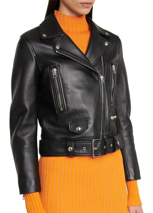 Slim Fit Belted Black Motorcycle Jacket For Women