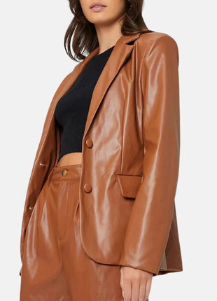 Womens Cognac Brown Leather Oversized Blazer
