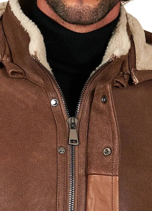 Men’s Tan Shearling Lambskin Leather Coat with Detachable Parka Hood