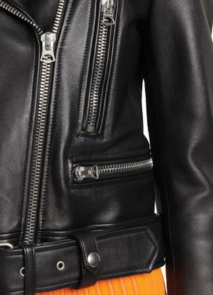 Slim Fit Belted Black Motorcycle Jacket For Women