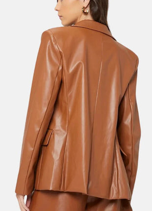Womens Cognac Brown Leather Oversized Blazer