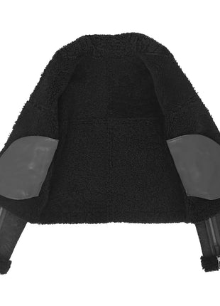 Women's Sheepskin Belted Black Leather Aviator Jacket