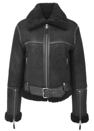 Women's Sheepskin Belted Black Leather Aviator Jacket