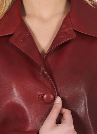 Women’s Leather Button-Up Burgundy Real Leather Coat