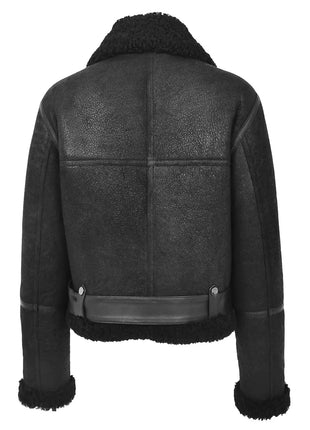 Women's Sheepskin Belted Black Leather Aviator Jacket