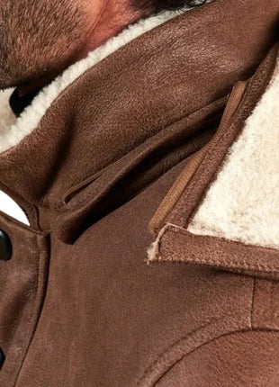 Men’s Tan Shearling Lambskin Leather Coat with Detachable Parka Hood
