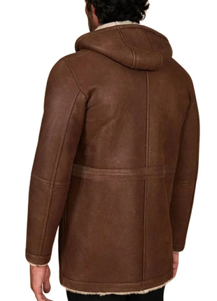 Men’s Tan Shearling Lambskin Leather Coat with Detachable Parka Hood