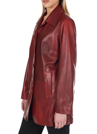 Women’s Leather Button-Up Burgundy Real Leather Coat