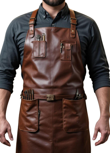 Premium Leather Workshop Apron – Handmade Cross-Back Tool Apron for Woodworkers, Barbers, Blacksmiths & Craftsmen