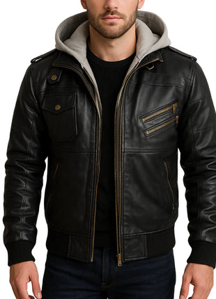 Mens Black Leather Bomber Jacket With Removable Hood